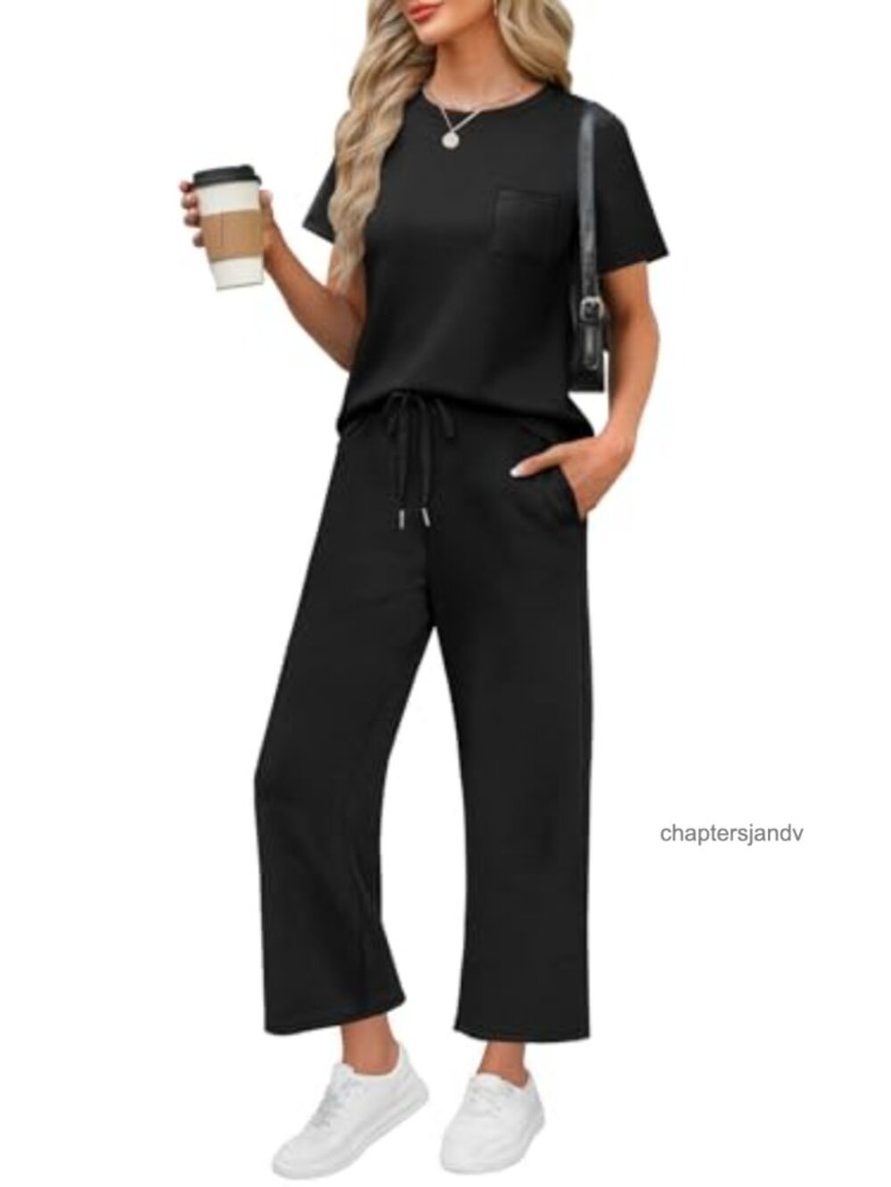 Women's 2 Piece Set Short Sleeve Top Wide Leg Crop Pants Lounge Travel